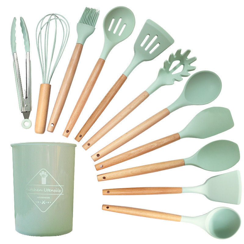 Jogo de Cozinha Kit com 12 Peças de Silicone, Utensílios e Copo Suporte para Cozinha Cabo de Madeira