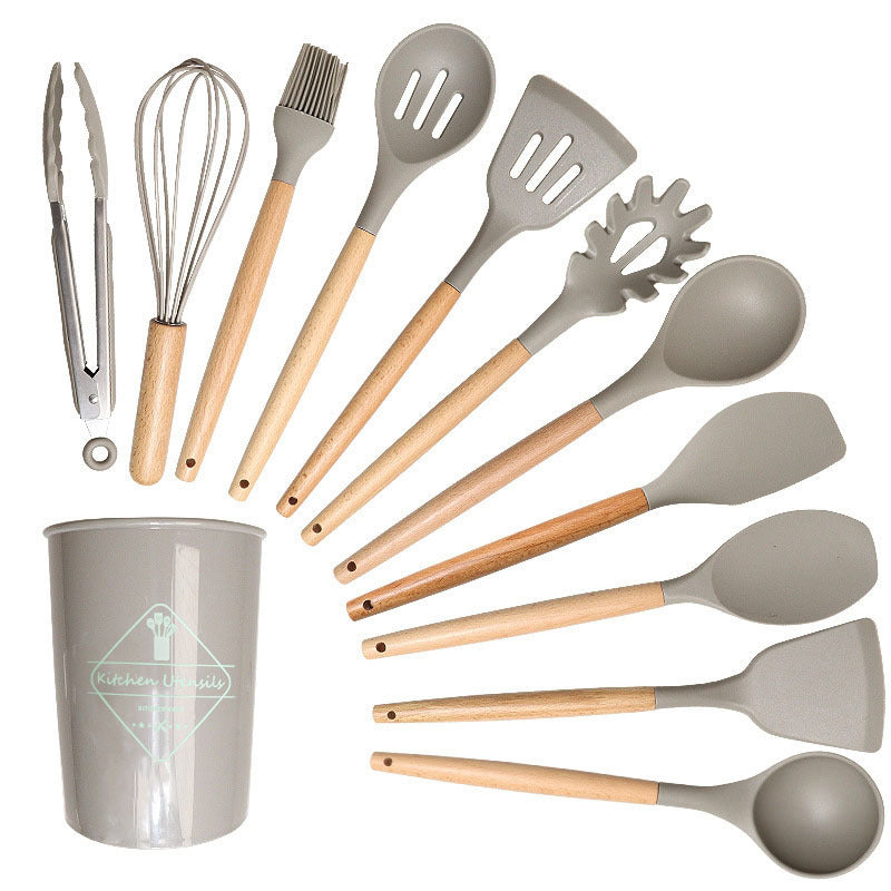 Jogo de Cozinha Kit com 12 Peças de Silicone, Utensílios e Copo Suporte para Cozinha Cabo de Madeira