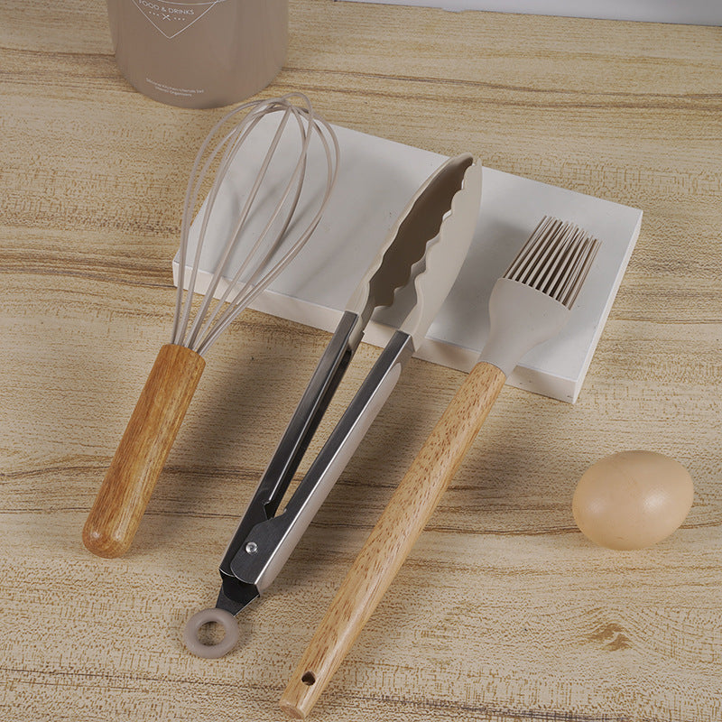 Jogo de Cozinha Kit com 12 Peças de Silicone, Utensílios e Copo Suporte para Cozinha Cabo de Madeira