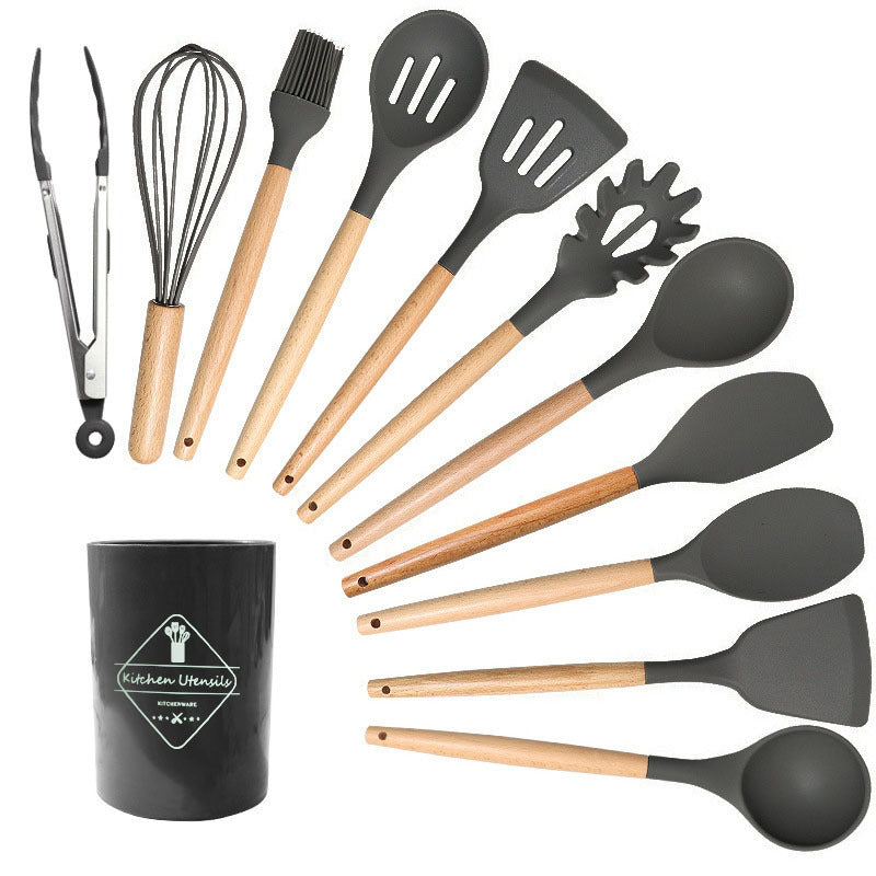 Jogo de Cozinha Kit com 12 Peças de Silicone, Utensílios e Copo Suporte para Cozinha Cabo de Madeira