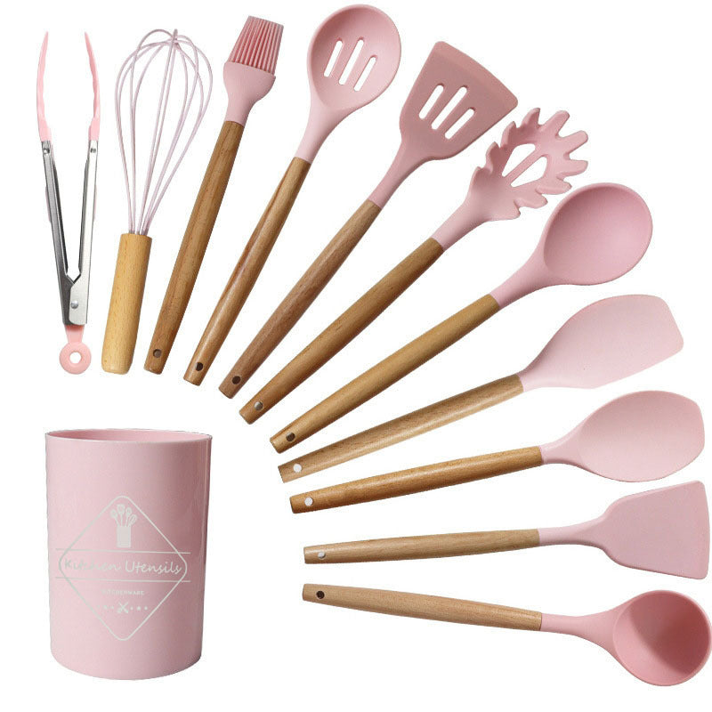 Jogo de Cozinha Kit com 12 Peças de Silicone, Utensílios e Copo Suporte para Cozinha Cabo de Madeira