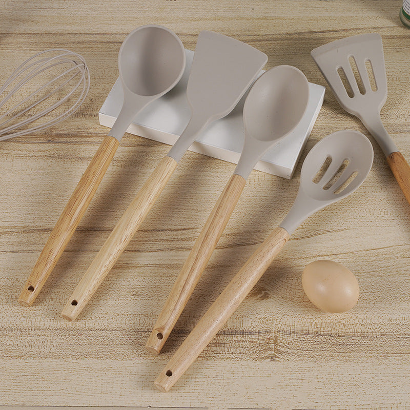 Jogo de Cozinha Kit com 12 Peças de Silicone, Utensílios e Copo Suporte para Cozinha Cabo de Madeira