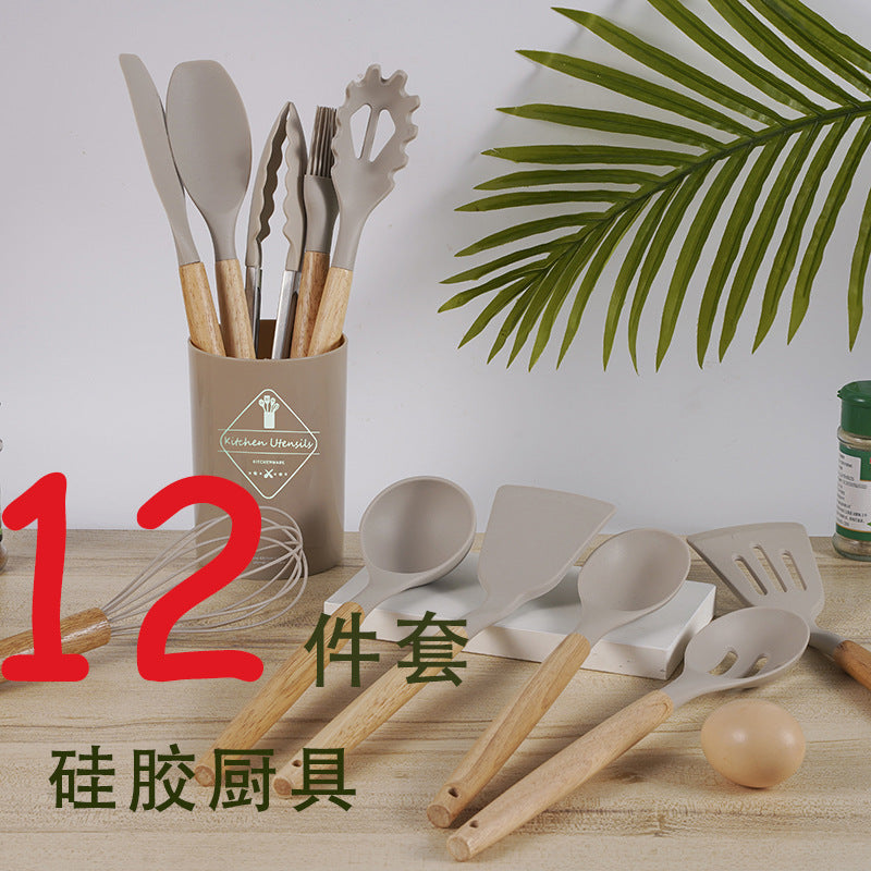 Jogo de Cozinha Kit com 12 Peças de Silicone, Utensílios e Copo Suporte para Cozinha Cabo de Madeira