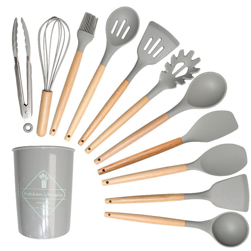 Jogo de Cozinha Kit com 12 Peças de Silicone, Utensílios e Copo Suporte para Cozinha Cabo de Madeira