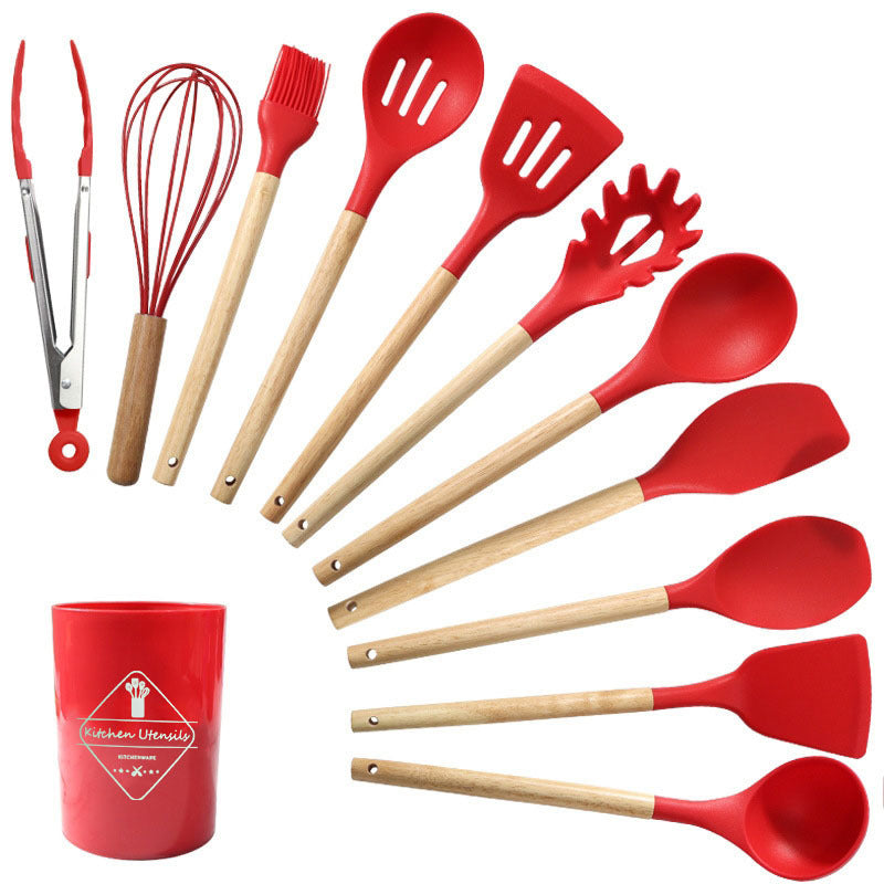 Jogo de Cozinha Kit com 12 Peças de Silicone, Utensílios e Copo Suporte para Cozinha Cabo de Madeira