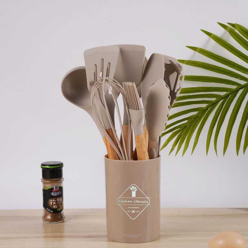 Jogo de Cozinha Kit com 12 Peças de Silicone, Utensílios e Copo Suporte para Cozinha Cabo de Madeira